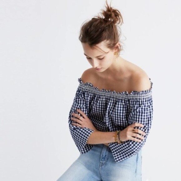 Madewell Smocked Gingham Off-the-Shoulder‎ Top XS - Picture 1 of 7